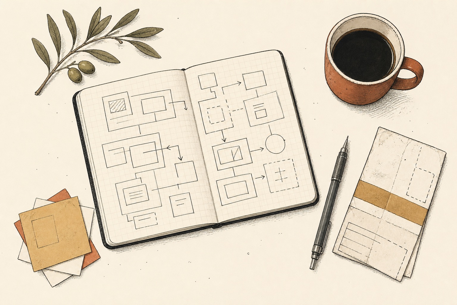 Open notebook with product flows, a pencil, coffee, and workshop notes