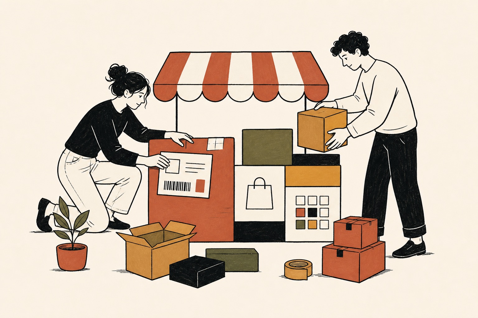 Two people arranging products and store components into an orderly commerce system