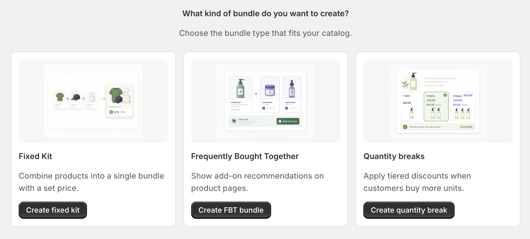 Kitforge interface for choosing fixed kits, frequently bought together, or quantity breaks